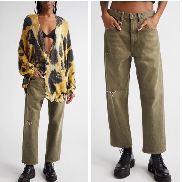 NWT R13 Distressed X-Boyfriend Ankle Jeans - Vintage Olive Drab Military - Picture 2 of 14